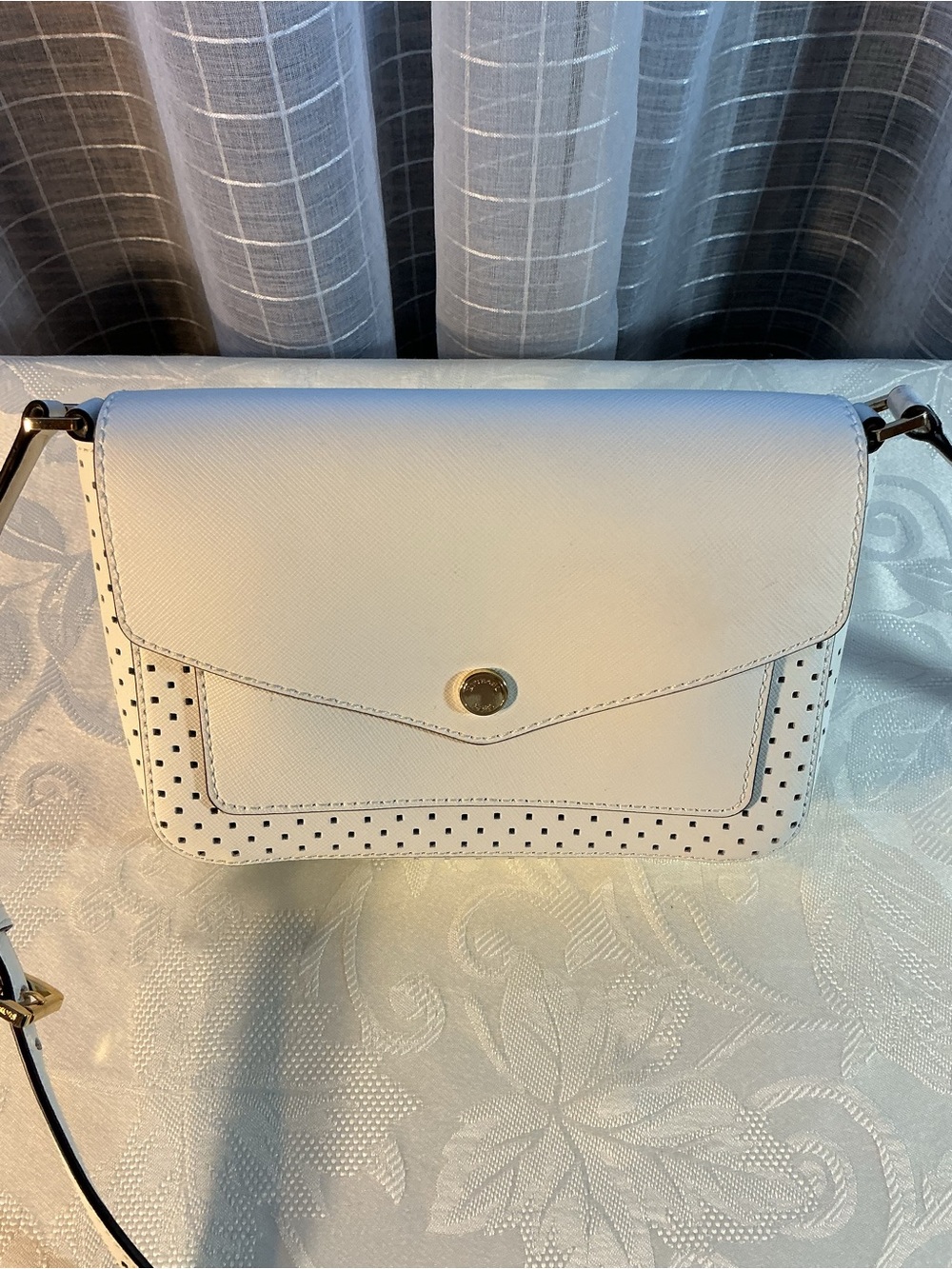 Michael Kors White Saffiano Leather Perforated Flap Crossbody Bag